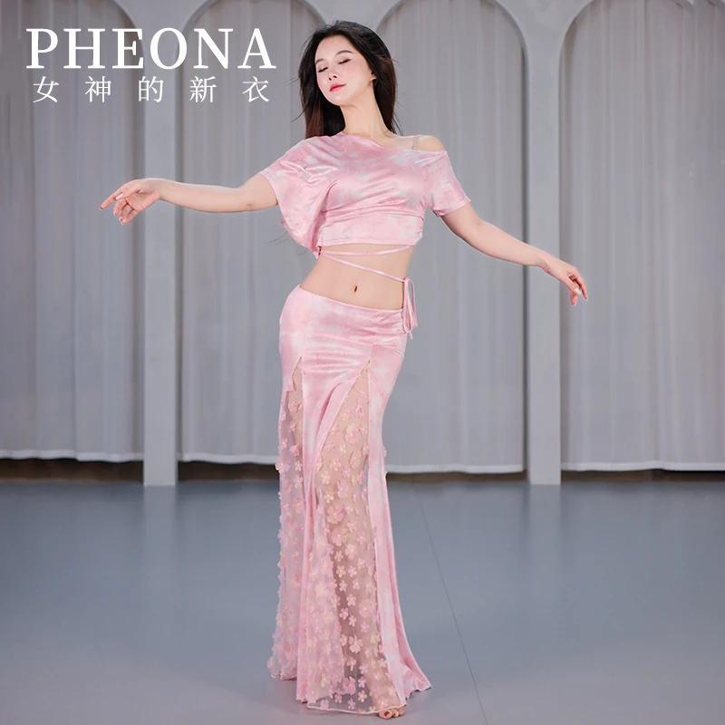PHEONA肚皮舞练功演出服立体花朵长裙套装适合初学者女性练习T038