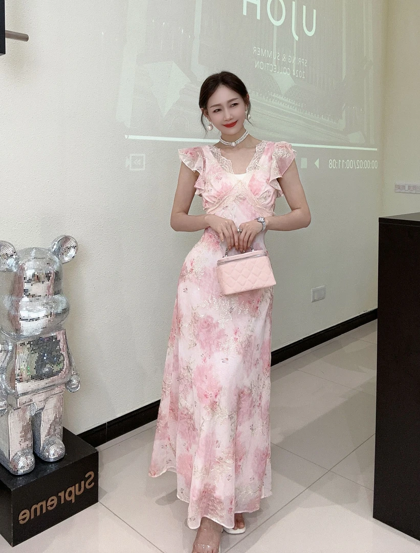 [春歌]2025夏季韩版温柔系花色荷叶边连衣裙女双V领长裙设计感女