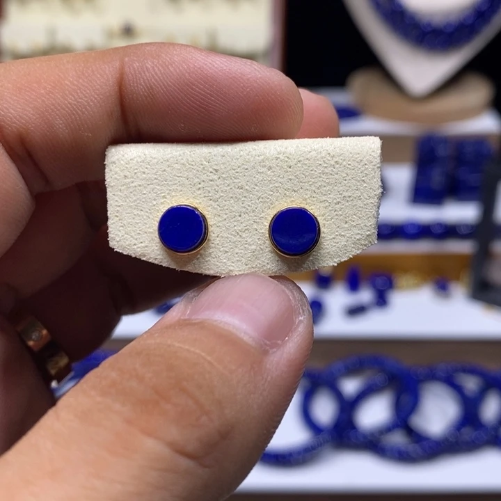 青金石银S925镶嵌耳钉小圆耳钉