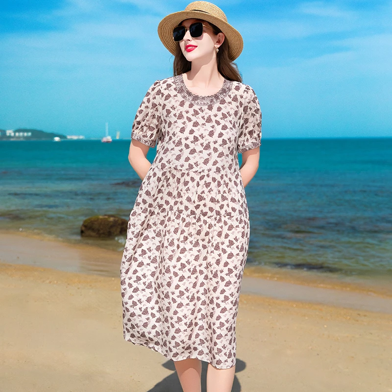 真丝桑蚕丝连衣裙女2025新款短袖碎花裙优雅气质高腰a字裙-1125