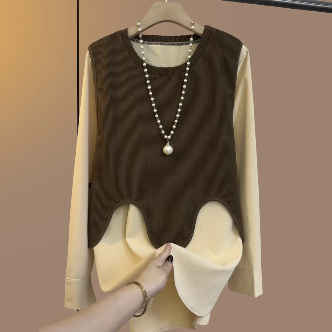 早秋季大码女装胖妹妹气质宽松时尚减龄百搭上衣宽松大衫假两件套