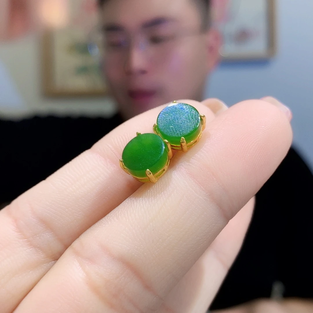 和田玉（碧玉）耳饰银S925镀金镶嵌