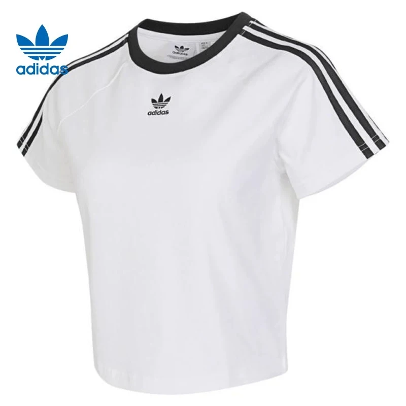 阿迪达斯三叶草 三条纹经典百搭 小短款休闲时尚短袖T恤JC8704