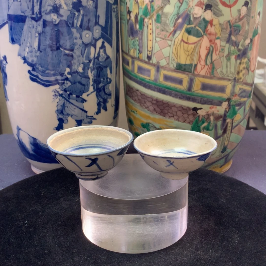 陶杯子12876瓷器—青花茶圆一对