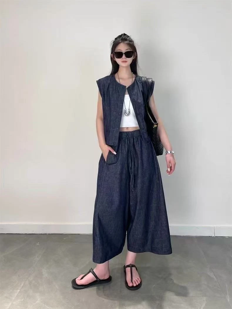 韩系水洗深蓝色马甲+阔腿裤两件套