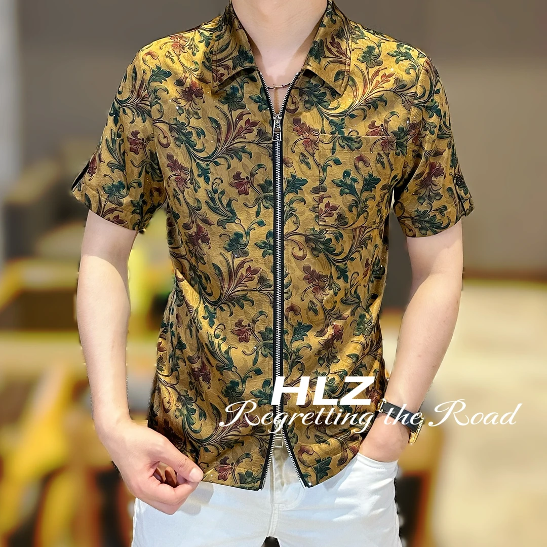 2025夏季新款修身男士休闲个性时尚巴洛克印花双拉链短袖衬衫
