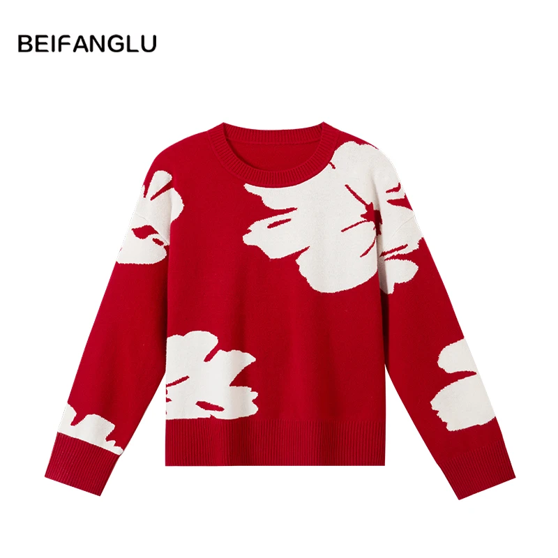 北方鹿【新年毛衣】100%绵羊毛新年红色气质提花针织羊毛衫女251558