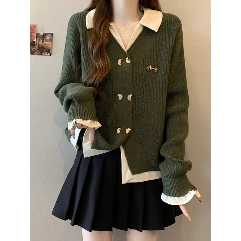 大码女装遮肚子POLO领韩系假两件针织衫秋冬胖mm宽松显瘦毛衣外套