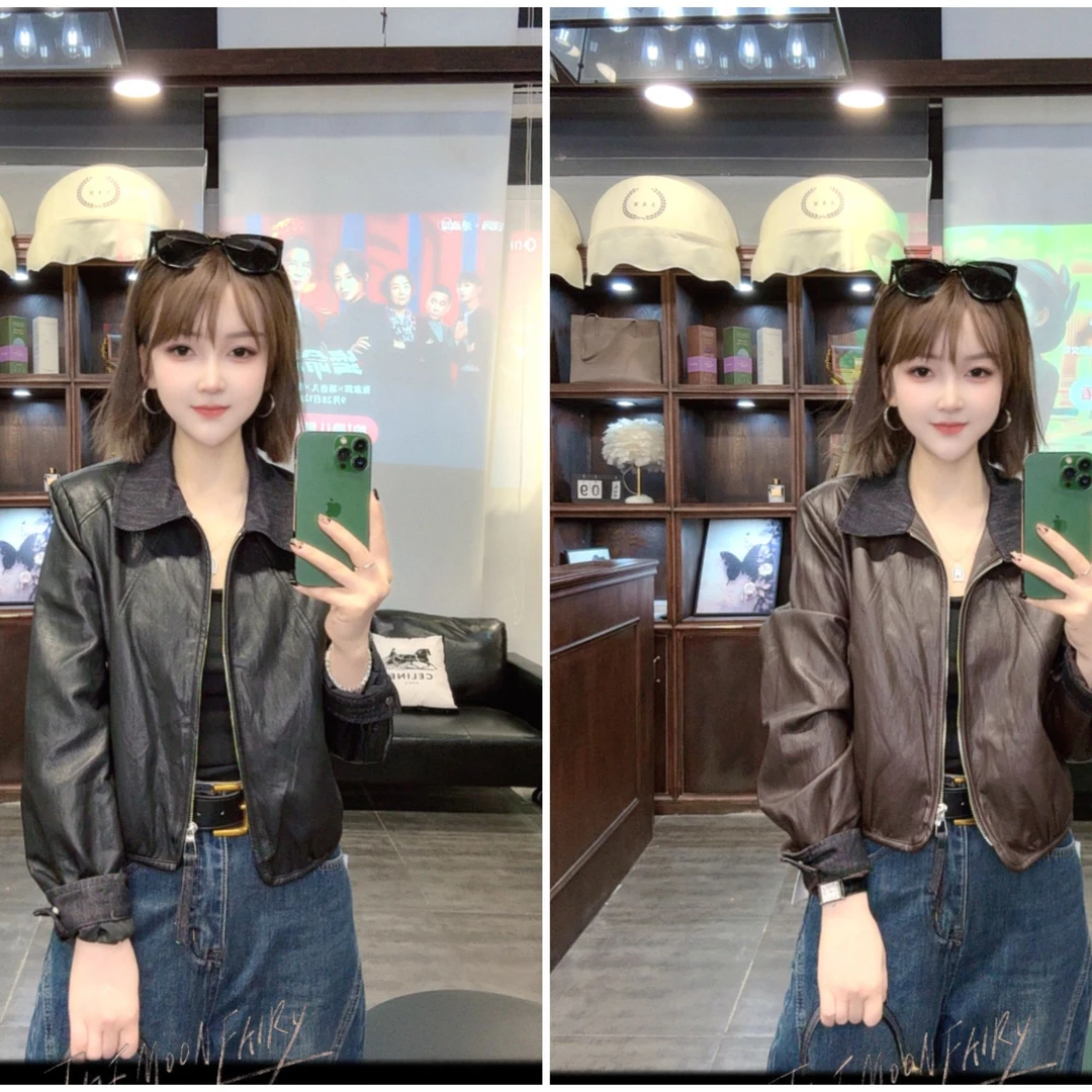 婷婷精选PU皮夹克小翻领短款欧货秋季时尚洋气显瘦外套