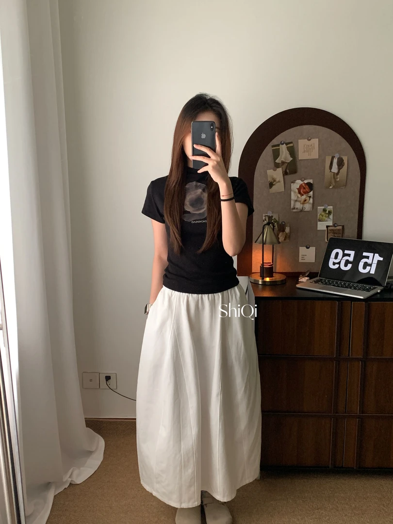 高腰极简风工装风花苞裙半身裙韩版时尚裙子A字纯色