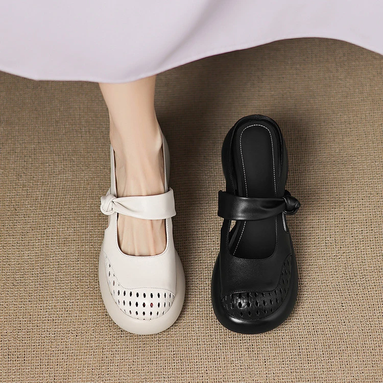 软牛皮~6.5cm夏季新款包头拖鞋复古穆勒拖真皮镂空透气半拖洞洞鞋