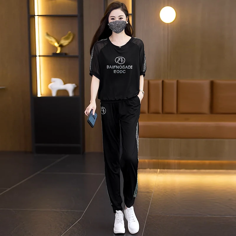 2025夏季新款大码胖妹妹字母镶钻潮流时尚套装休闲洋气减龄两件套