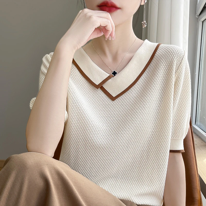 时尚直播间针织短袖t恤女新款爆款V领宽松大码丽人女装夏季上衣