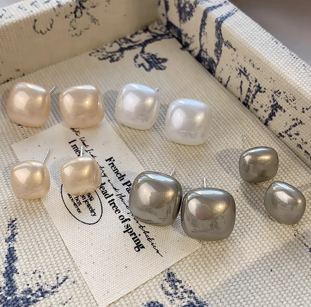 铜合金耳饰 方形馒头珠珠设计耳钉时尚简约爆款耳环甜美高级耳饰
