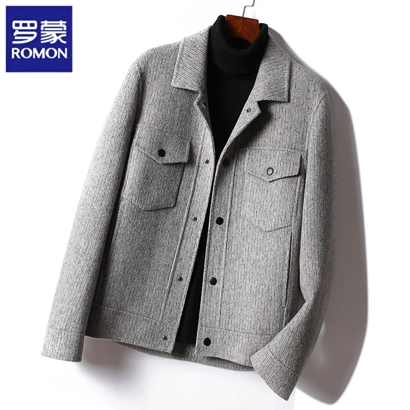 罗蒙春秋季男士新款高端绵羊毛时尚夹克纯色翻领双面呢子男外套