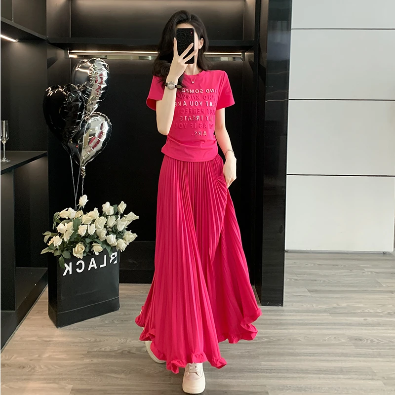 高级感粉色出游服装女重工压花烫银正肩短袖T恤气质显瘦大摆长裙