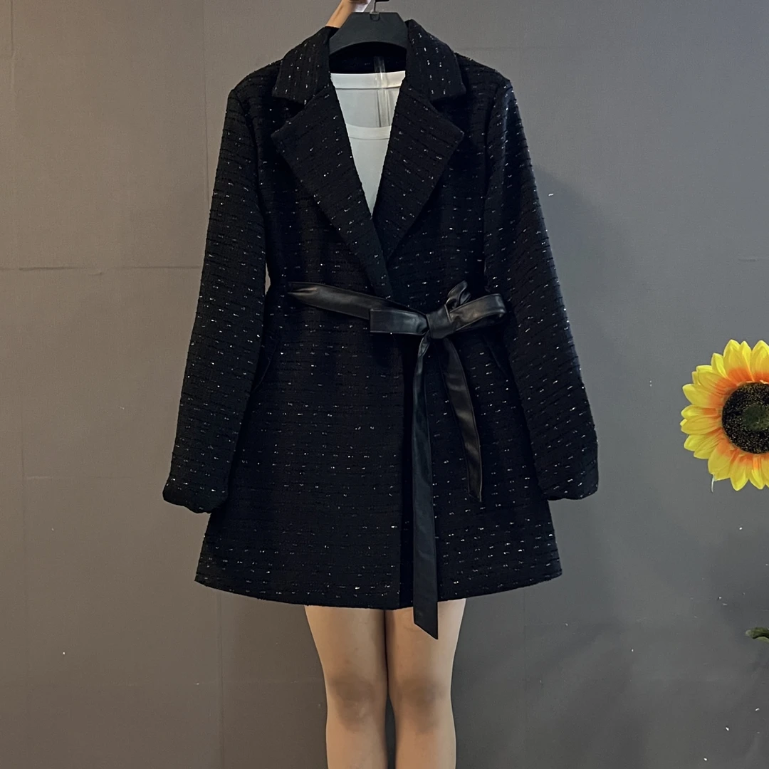 秋季新款小香风优雅气质西服领收腰显瘦加厚系带风衣外套