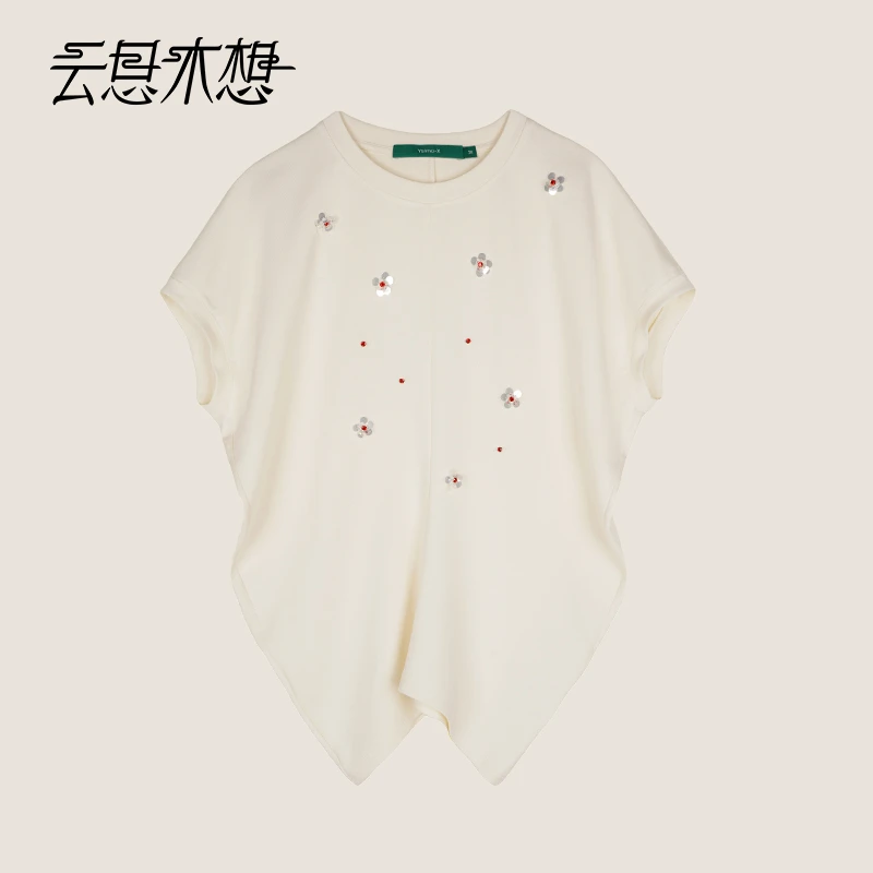 Ysimo-X云思木想 流光花开 手工钉花装饰莫代尔醋酸混纺T恤12984