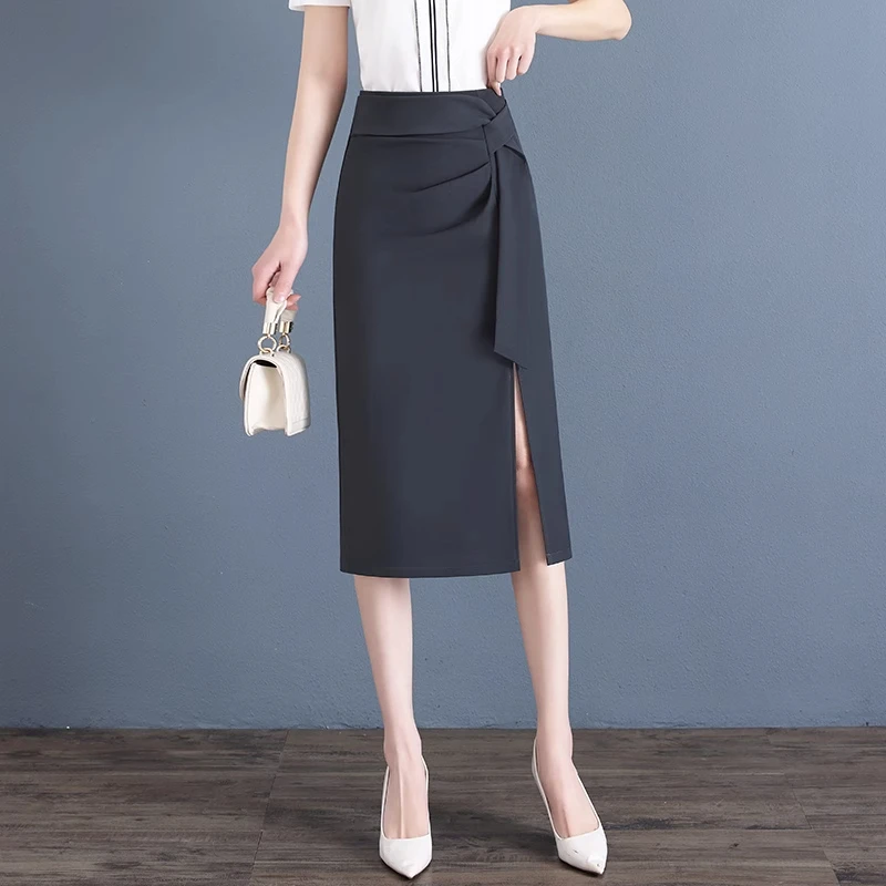 拉夏贝尔半身裙女士2025夏季新款高腰时尚不规则开叉中长款一步裙