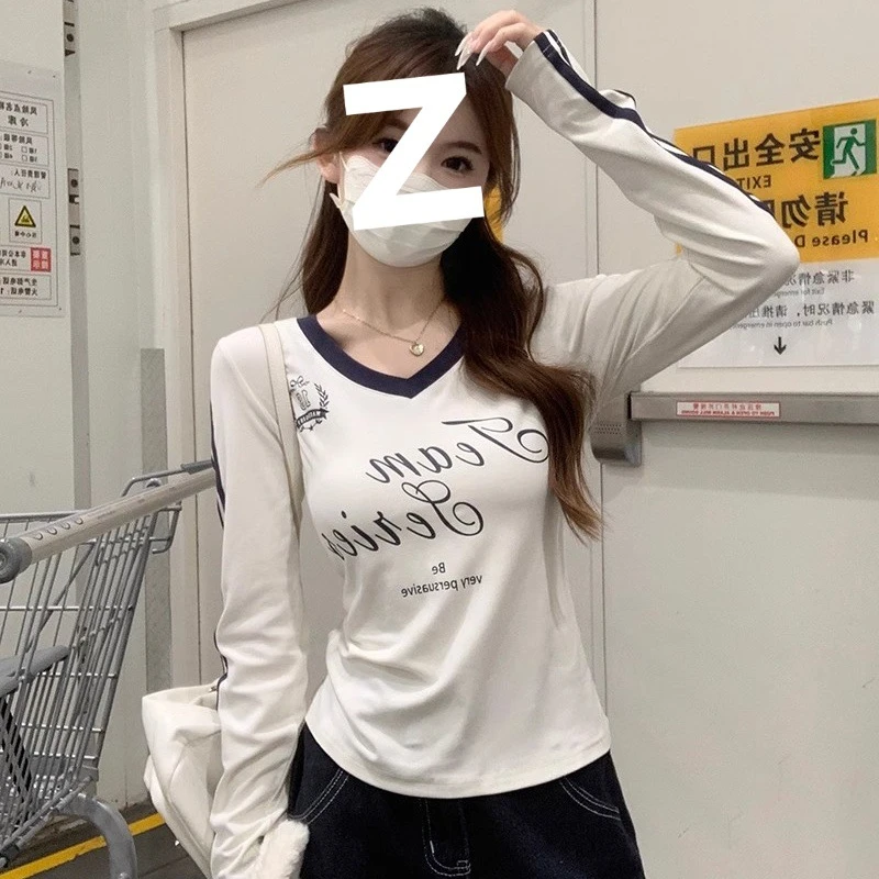 美式辣妹运动风撞色V领长袖T恤女早秋季设计感小众修身收腰显瘦上