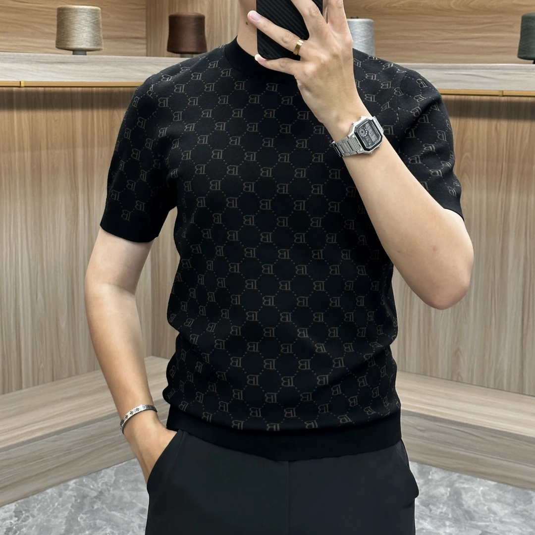2025夏季新款男士针织衫短袖T商务休闲字母提花圆领修身潮流百搭