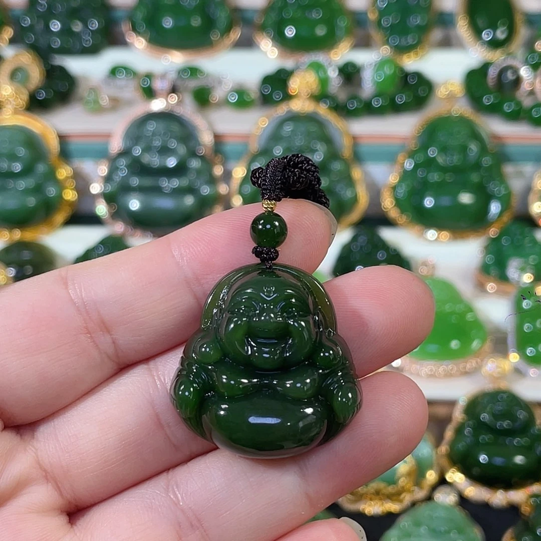 和田玉（碧玉）18K金镶嵌颈饰菠菜绿佛公30