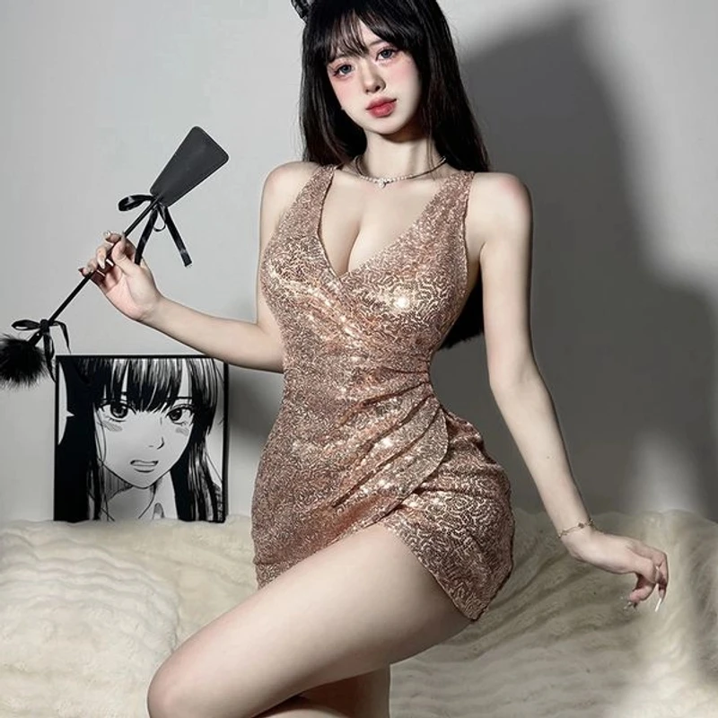情调内衣床上辣妹性感露背小胸亮片女制服诱惑套装吊带睡衣三件套