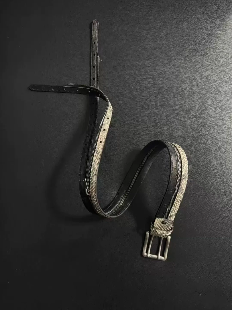 Baseplate 鸵鸟皮+蟒蛇皮稀有纯皮满钉奢华双环扣拉链腰带皮带