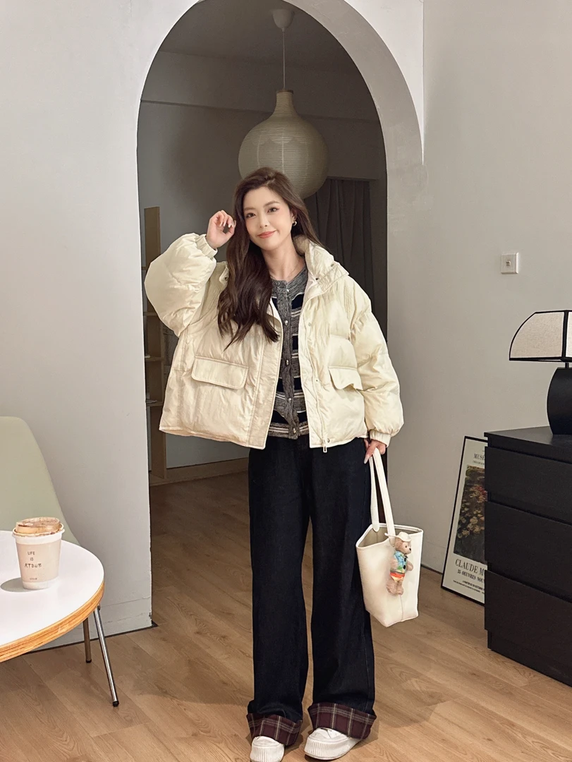 格子拼接高腰阔腿牛仔裤