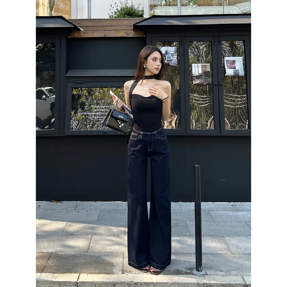 •小雪•直筒阔腿牛仔裤女夏季2025新款低腰复古宽松外穿设计感长裤