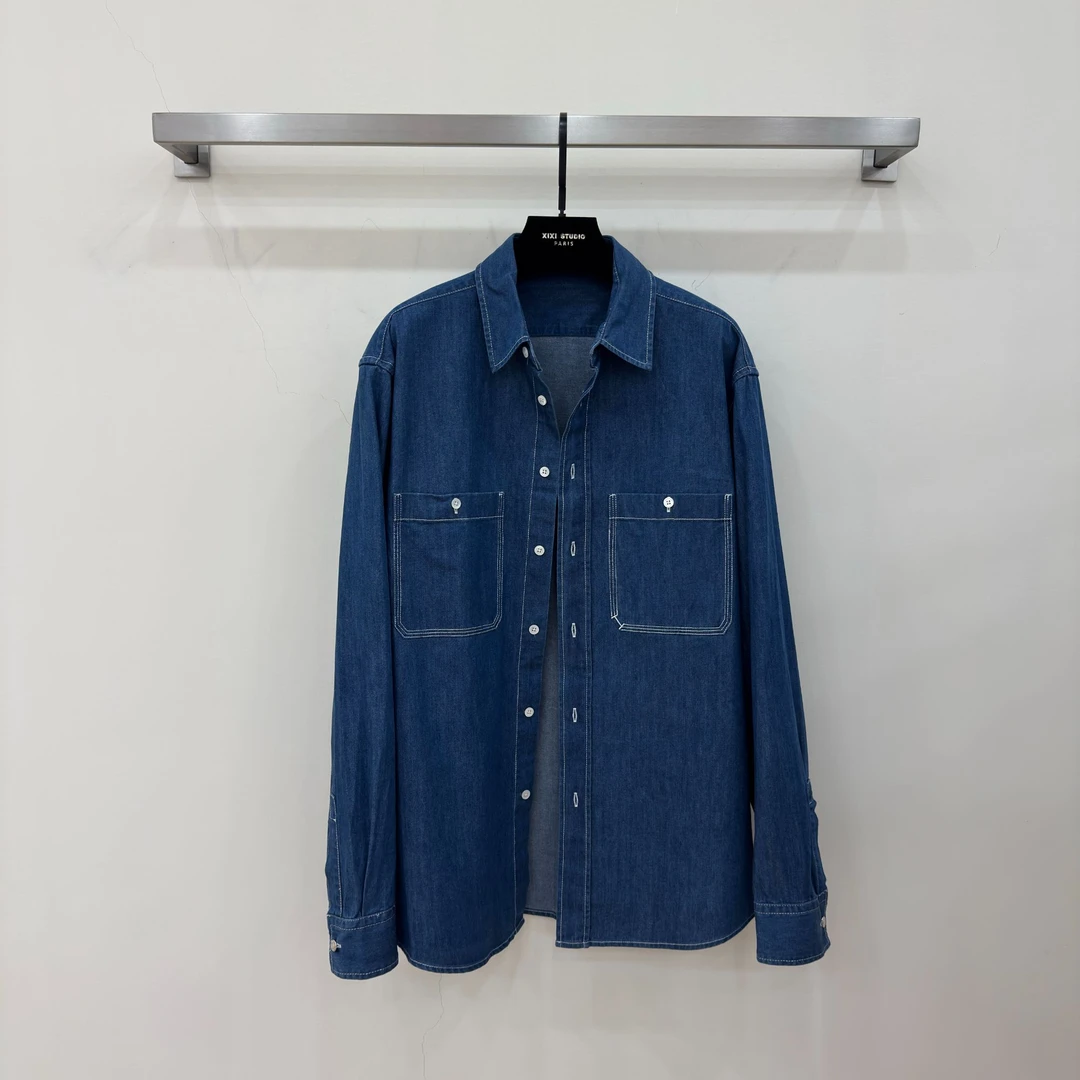 JIAYE CHAN文艺复古港风单排扣翻领宽松牛仔衬衫