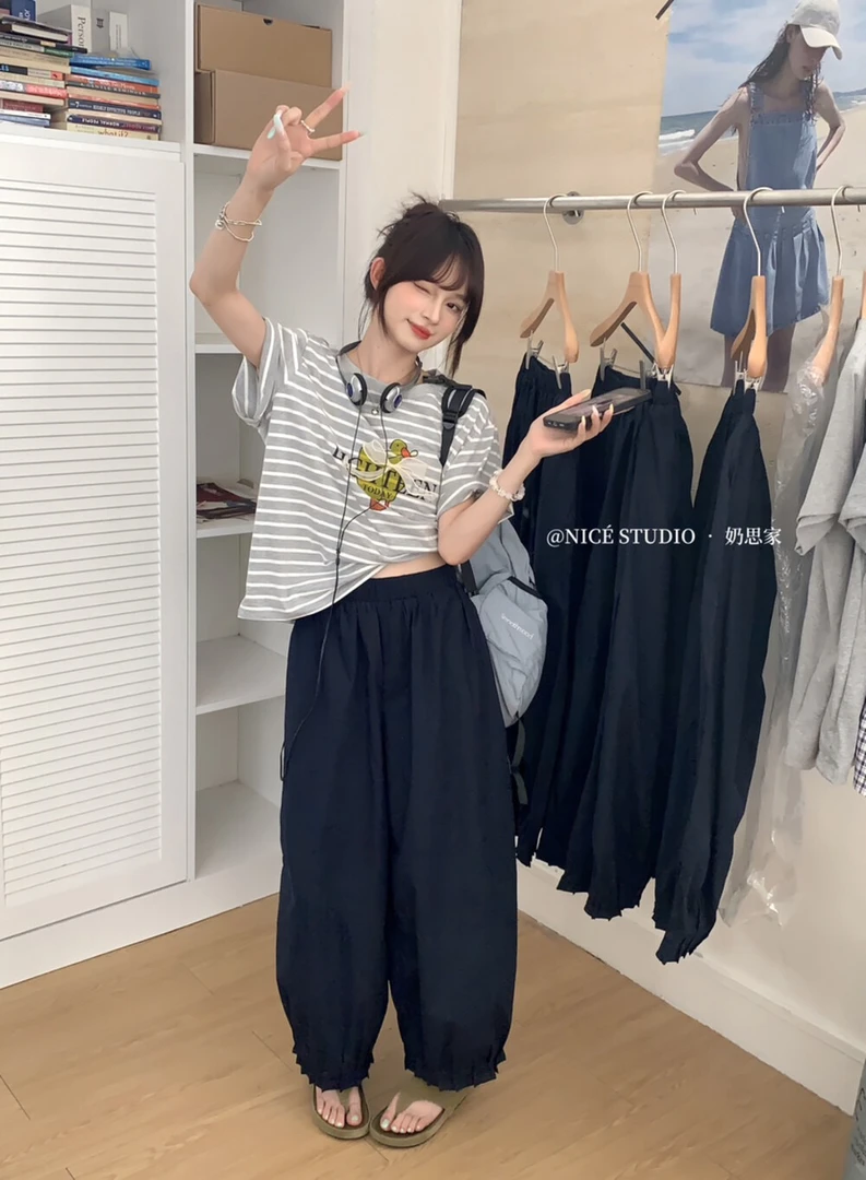 木耳花边阔腿九分花苞灯笼裤女夏季薄款宽松遮胯休闲裤