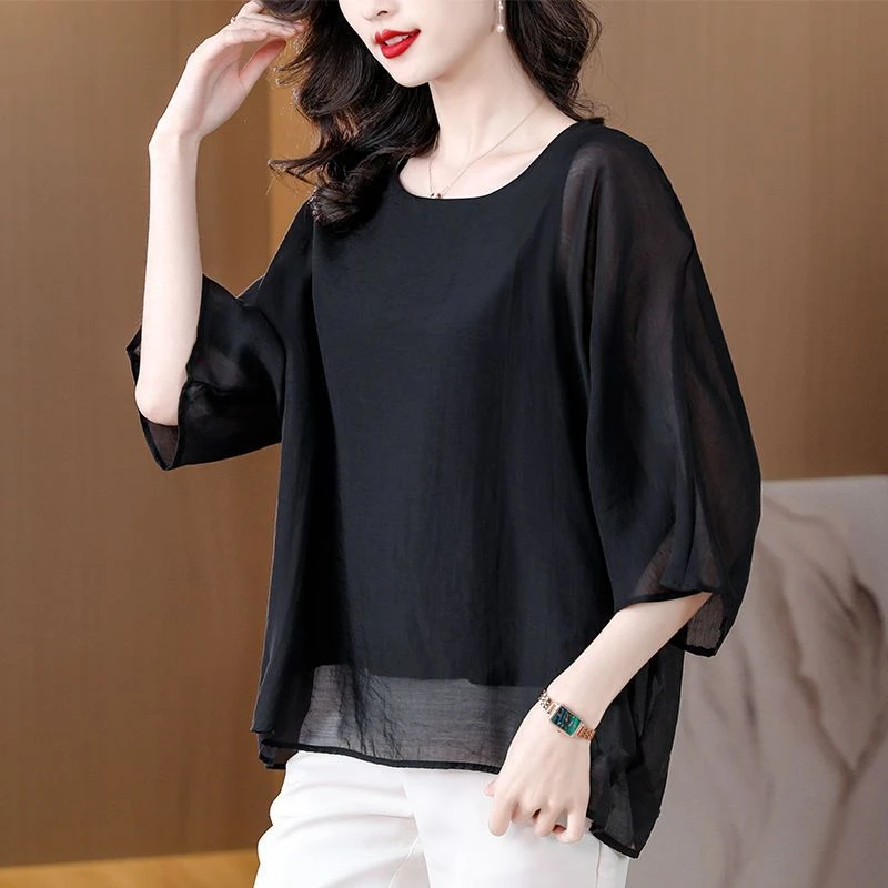 2025新中式时尚新款雪纺衫洋气大码女装中袖宽松胖mm遮肉法式上衣