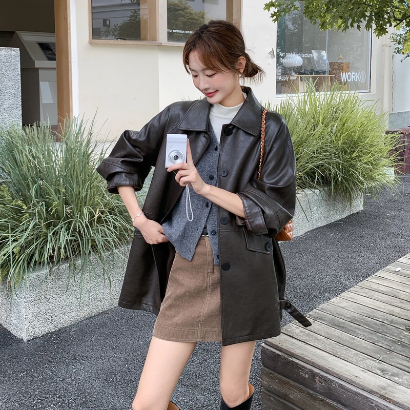 咖色复古高级感PU皮衣外套女2025秋季新款网红爆款时尚翻领夹克