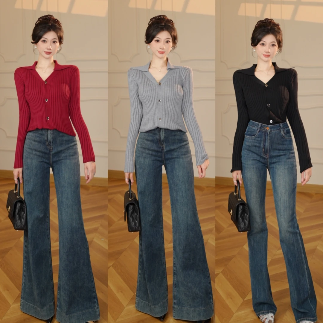 安可拉红polo领长袖短款针织开衫女秋冬新款时尚修身显瘦打底上衣