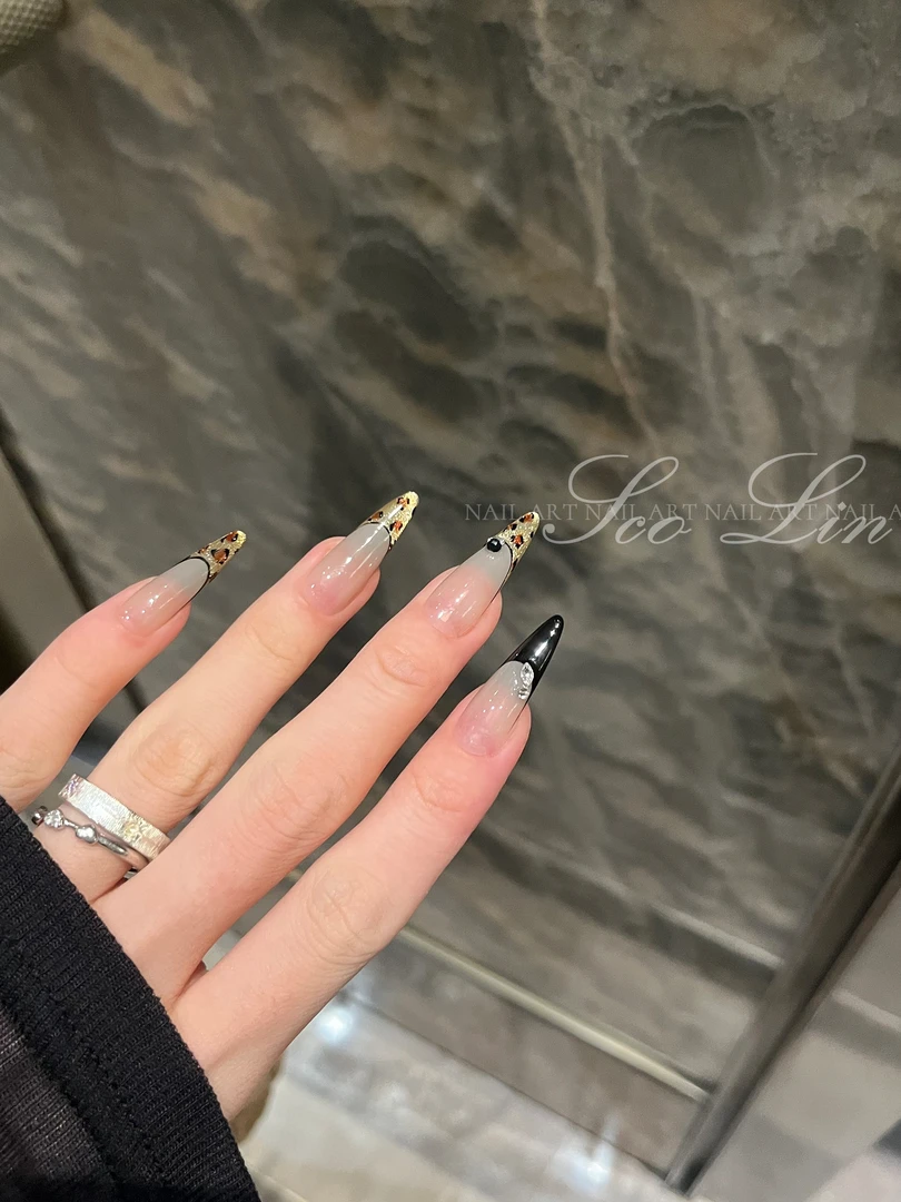 ScoLin【碎金复古】豹纹猫眼渐变锆石手工定制美甲超长芭蕾穿戴甲