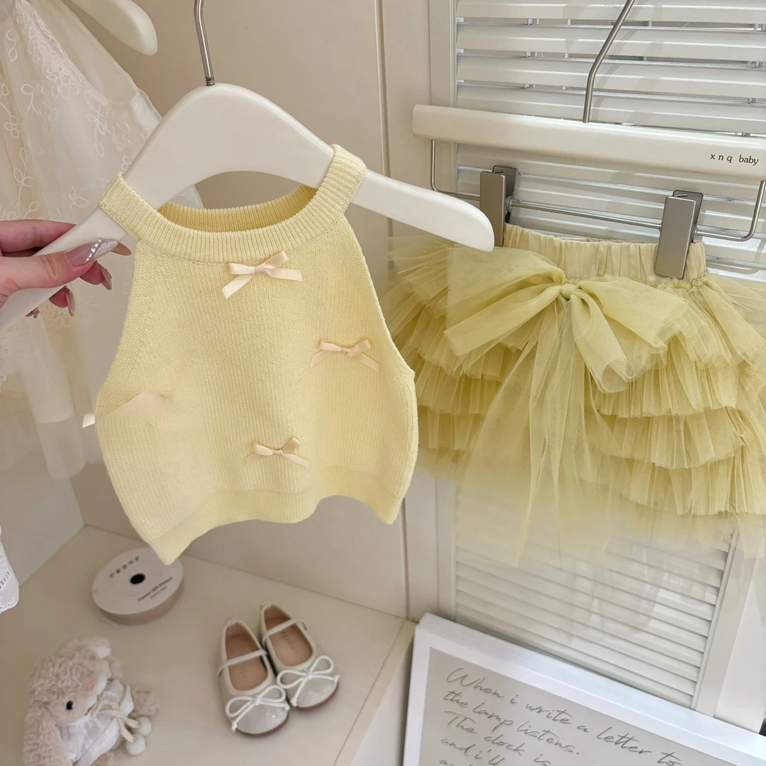 夏季女童黄色吊带背心上衣网纱手工蓬蓬短裙洋气两件套