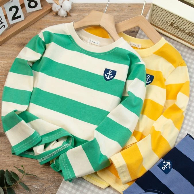 男童T恤长袖春秋季新款中大童潮牌盾牌条纹儿童装休闲圆领纯棉潮