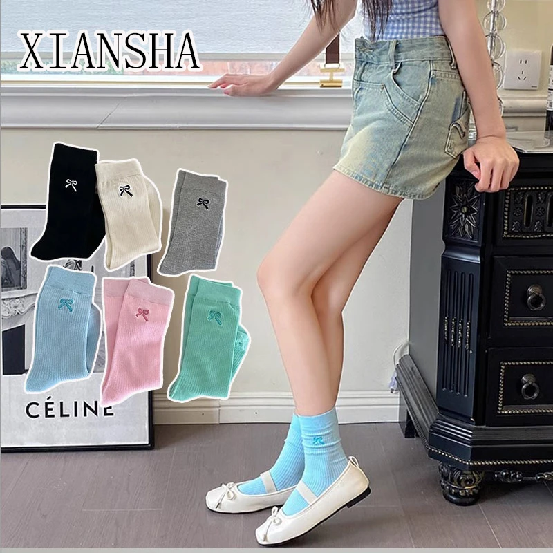 芳芳好物 2025款蝴蝶结刺绣袜子女薄款中长筒袜ins潮糖果色棉袜