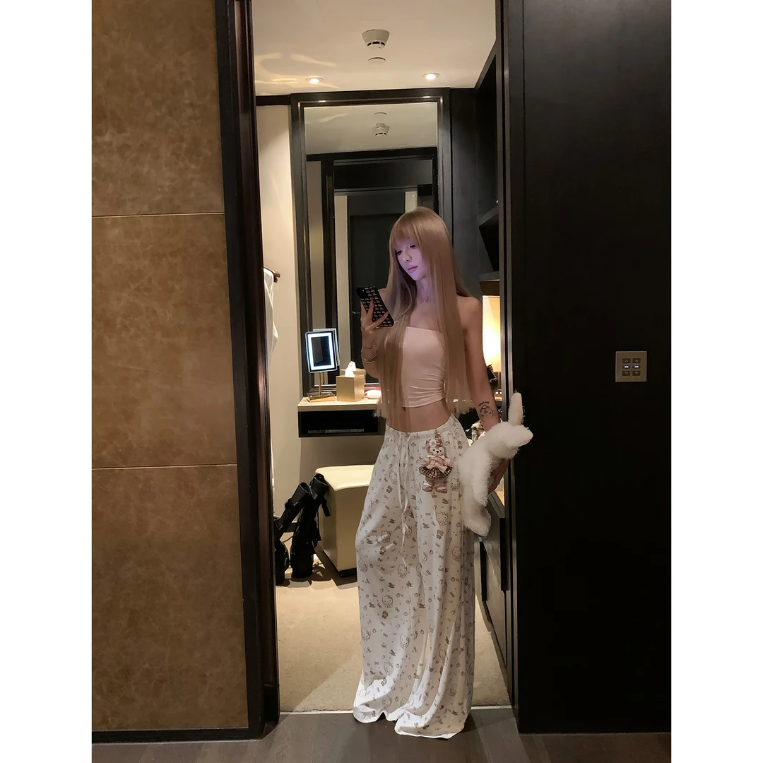 莫欣欣-Hello Kitty白色直筒休闲慵懒阔腿裤子女款夏季薄款250252