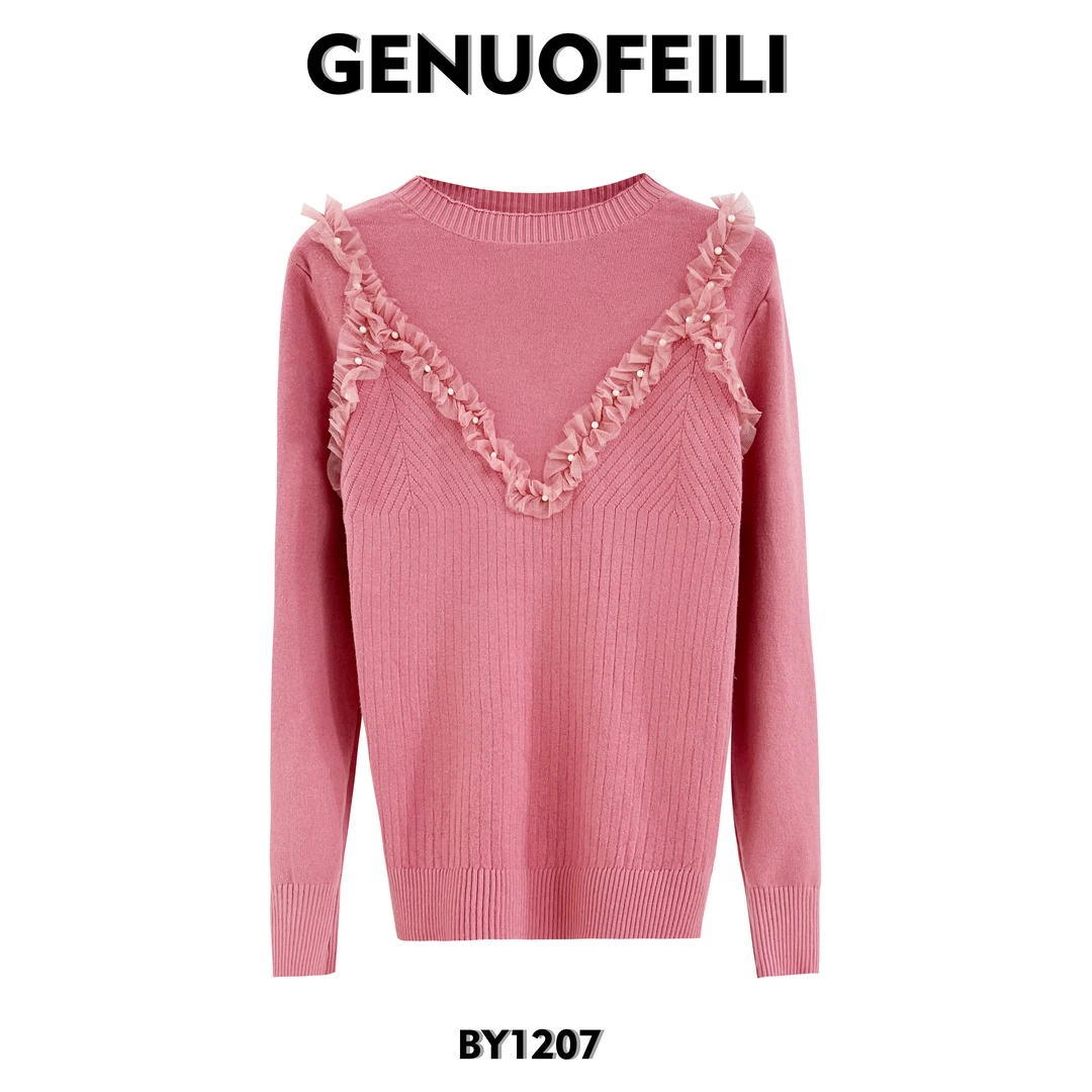 BY1207时尚气质珍珠蕾丝羊毛衫打底毛衣针织衫