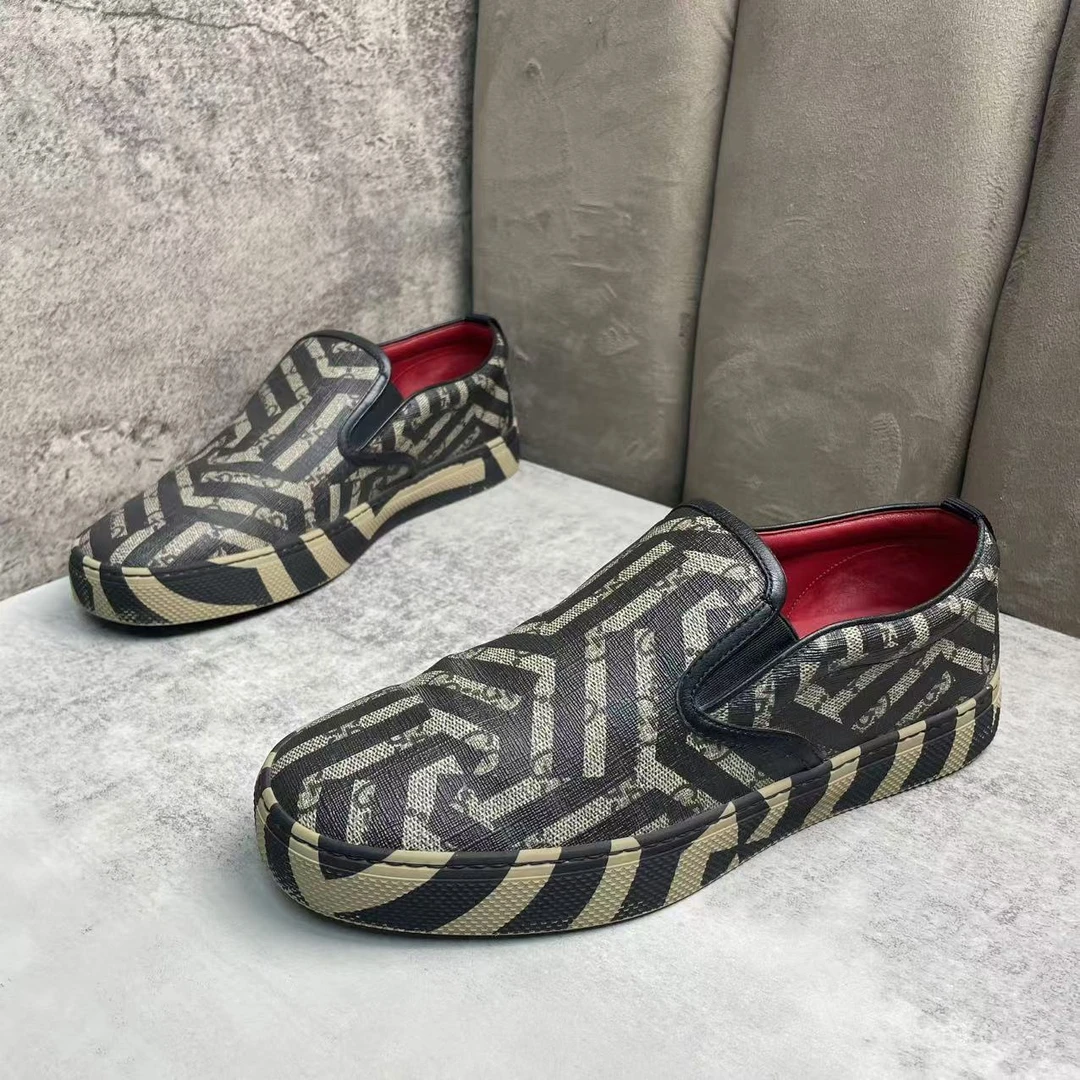 95新 GUCCI/古驰 黑棕条纹印花时尚百搭低帮一脚蹬/40.5码/福利款