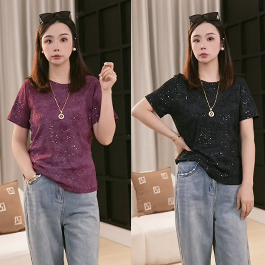 伊自尚2025夏季新款圆领时尚大码百搭短袖显瘦亮片上衣款女9975