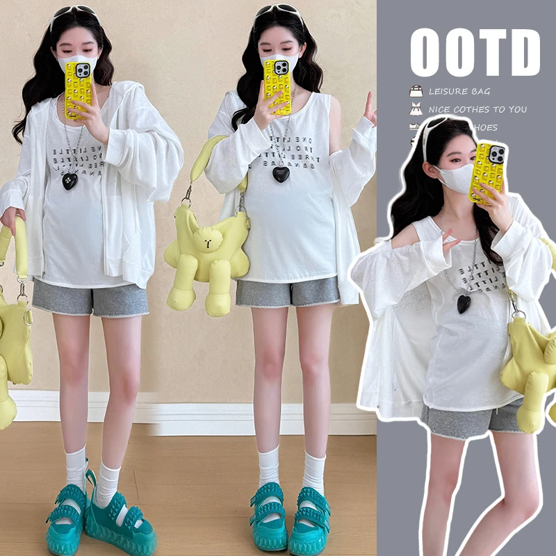 时髦孕妇装新款软糯垂感防晒衣+宽松背心T恤时尚新孕妇短裤三件套