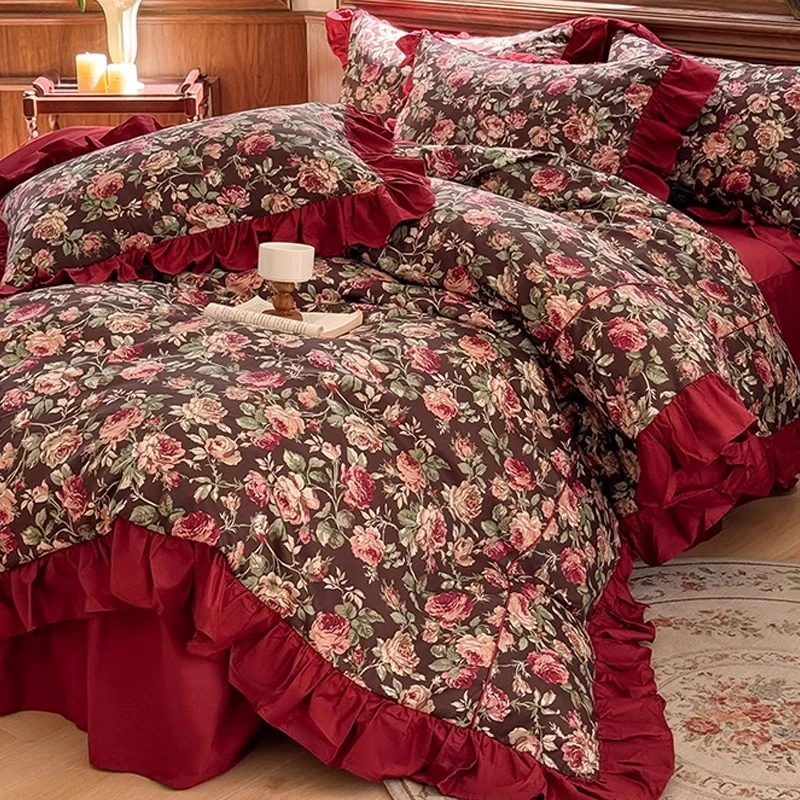 美式全棉长绒棉四件套2025新款花边纯棉床上被套床裙高级感复古风