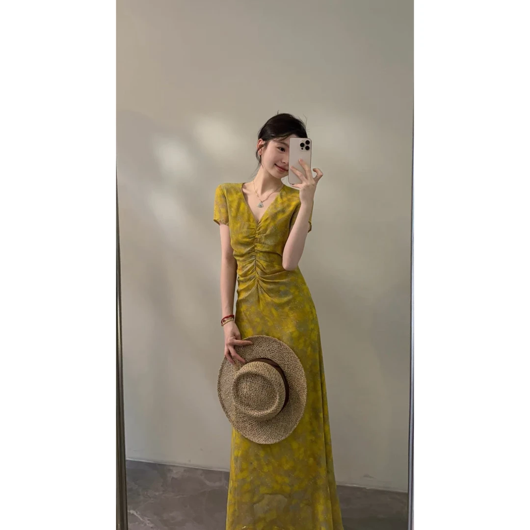 【颂宋】新款晕染印花气质黄色连衣裙法式复古收腰显瘦长裙DT1361