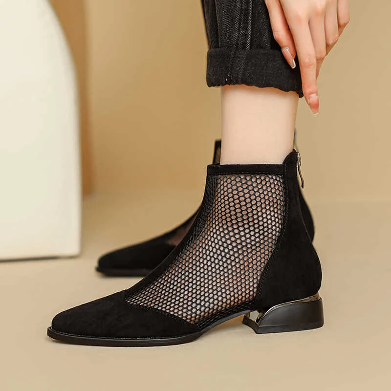 低跟网纱短靴女2025新款夏季单靴凉靴透气尖头粗跟镂空网靴大码
