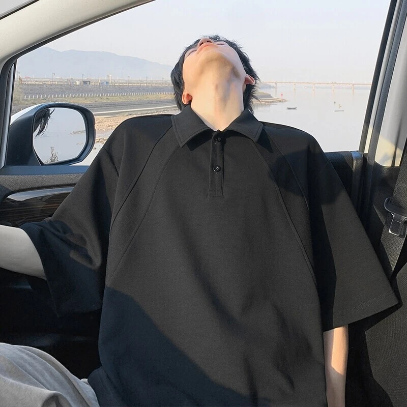 美式正肩短袖polo衫男款夏季重磅衬衫翻领T恤插肩袖cleanfit半袖