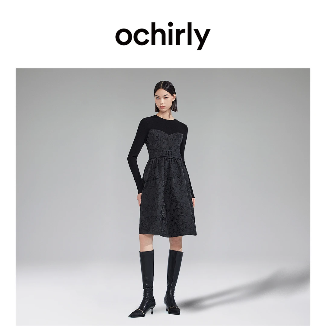 【达人】OCHIRLY欧时力 假两件肌理感连衣裙女冬装拼接小黑裙腰带
