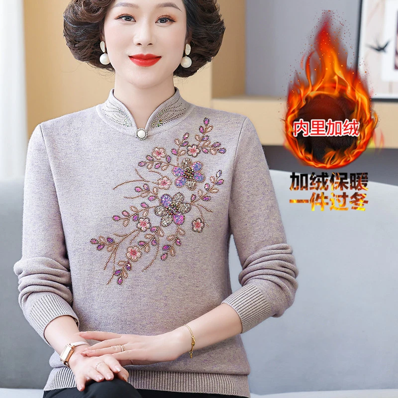 妈妈冬装新款加绒加厚上衣旗袍领中老年女一体绒保暖毛衣洋气打底